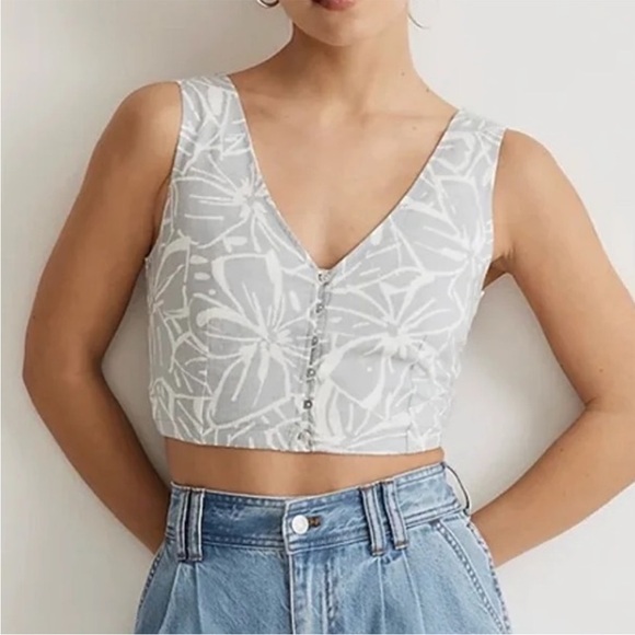Madewell 12 Top Linen-Blend Gwen Crop Vest Top in Abstract Flora cool fog NWT - Picture 1 of 11